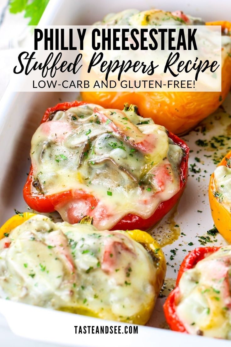 an image of stuffed peppers with cheese and herbs on top in a baking dish for low carb and gluten - free