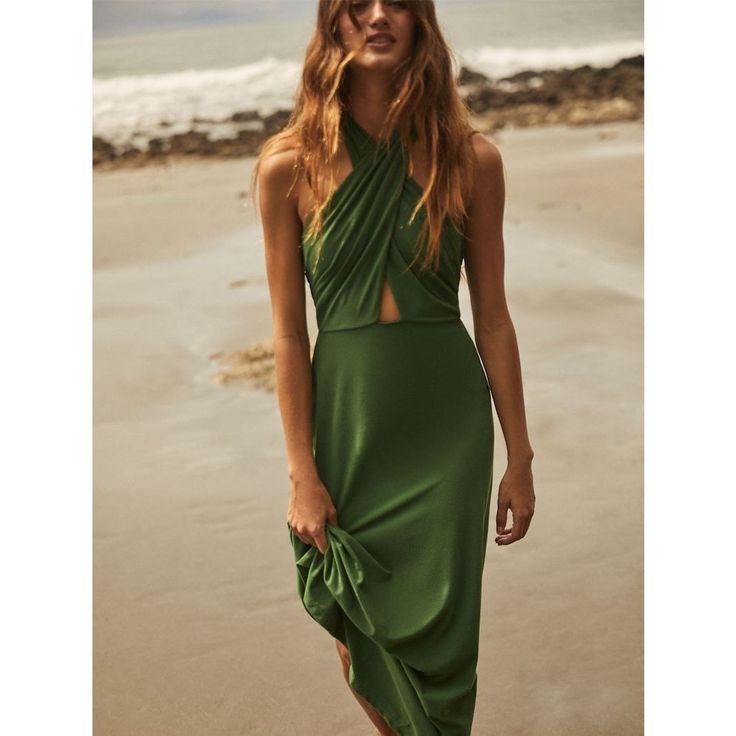 Pristine Condition Size L $795 Item Code:76i-O2x029 Item Color: Green Self-Tie Halter Neck Closure Lined Model Height: 1.78m Composition: 85% Recycled Polyamide, 15% Elastane Formal Summer Dresses With Draped Design, Spring Cocktail Draped Maxi Dress, Draped Evening Midi Dress For Summer, Formal Sheath Maxi Dress For Summer, Spring Cocktail Midi Dress With Draped Design, Summer Draped Dresses For Night Out, Draped Dresses For Summer Night Out, Chic Draped Summer Dress, Chic Green Draped Midi Dress