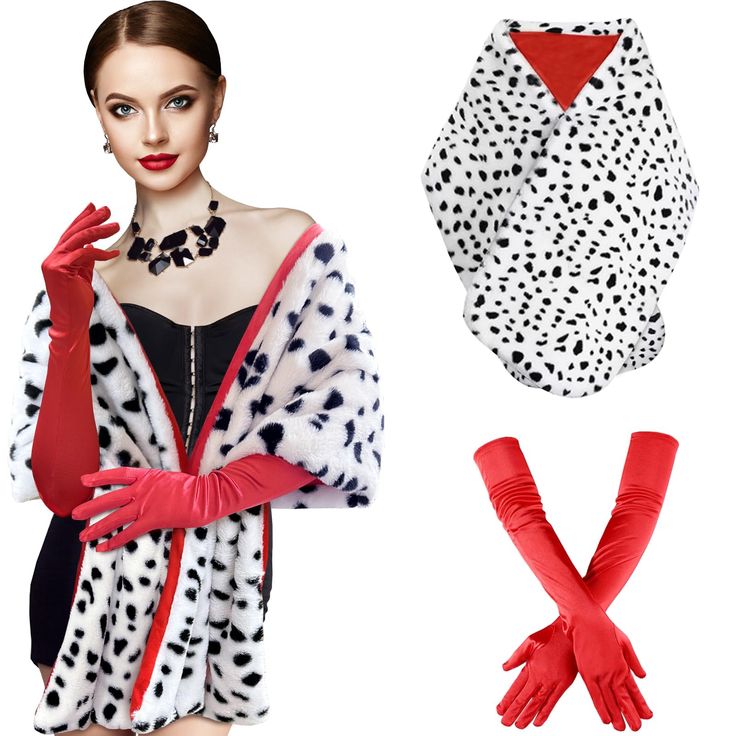 PRICES MAY VARY. 【Package】You will get 1 x dalmatian shawl, 1 pairs of 1920s red gloves. You'll definitely be the center of attention in this Halloween costume for women. 【Premium Material】:The Dalmatian Shawl is made from soft and cozy faux fur with a red lining that is fluffy and luxurious, providing warmth and comfort similar to real fur. The red 1920s gloves are made of satin and feel smooth and silky. 【Suitable for Most Women】Dalmatian shawl measures 86.6*15.7 inches. The 1920s gloves measu Fitted Red Costumes For Winter, Fitted Costume Accessories For Christmas Costume Party, Red Fitted Winter Costume, Fitted Red Winter Costumes, Fitted Vintage Costume Accessories For Cosplay, Vintage Fitted Costume Accessories For Cosplay, Red Winter Party Costume, Fitted Costume Accessories For Fall, Red Costume Accessories For Winter Party