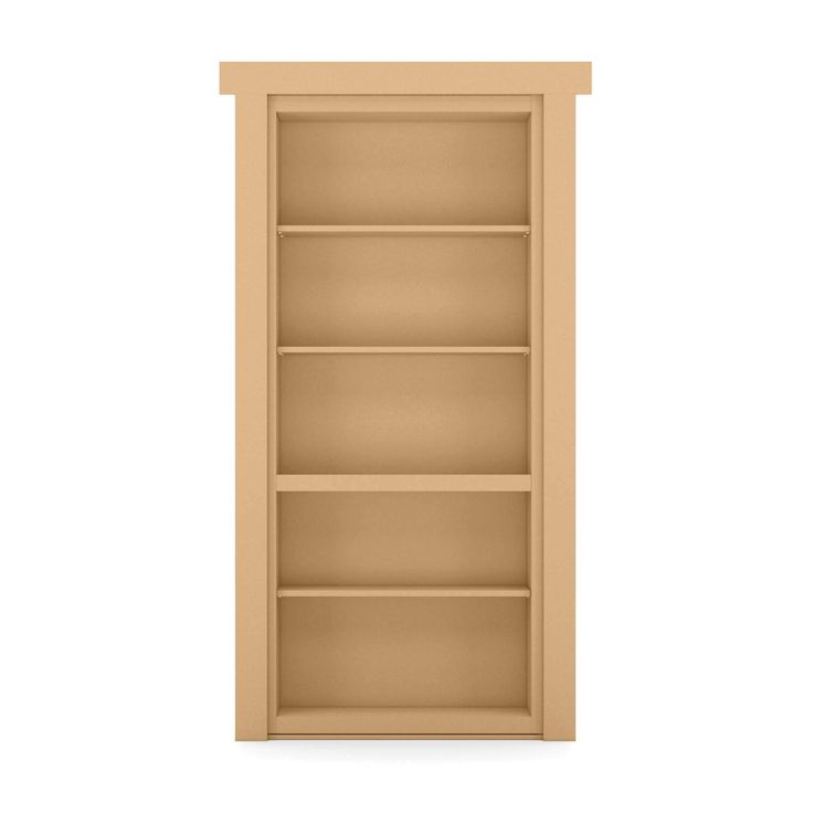 an empty bookcase with no doors on the front and bottom shelves, in light brown