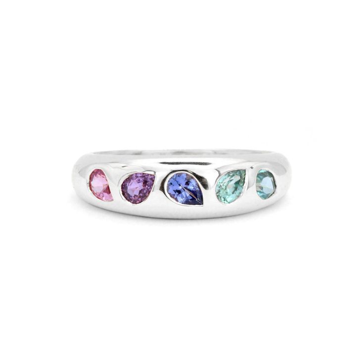 Add a pop of color to your jewelry collection with our Mosaic 18K Gemstone Gypsy Ring! This unique and playful ring features multi-colored pear cut gemstones set in a mosaic design on an 18K gold band. Perfect for stacking or making a statement on its own, this ring adds 0.97 ct of gemstone elegance to any outfit. Fine Jewelry Multicolor Birthstone Ring With Gemstone Accents, Multicolor Birthstone Ring With Gemstone Accents Fine Jewelry, Multicolor Birthstone Ring With Gemstone Accents, Multicolor Oval Birthstone Ring With Accent Stones, Multicolor Oval Birthstone Ring, Multicolor Pear-shaped Jewelry For Anniversary, Multicolor Birthstone Ring With Accent Stones, Pear Shaped Multi-stone Ring As Gift, Multicolor Gemstone Accented Ring