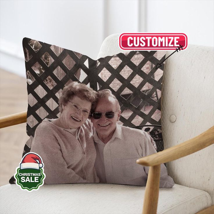 a pillow with an image of two people on it and the words customize are in red