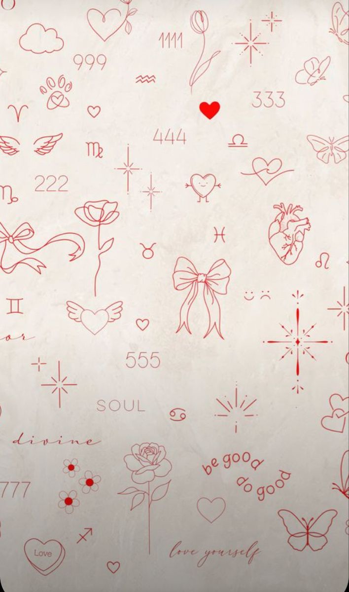 the back side of a white paper with red ink drawings on it and hearts, flowers, arrows, numbers, and other symbols