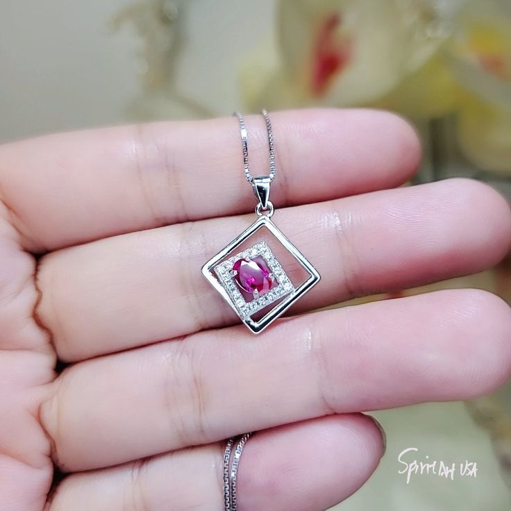 "Tiny square Red Ruby Gemstone Jewelry High Quality unique Artisan design full sterling silver made ◆◆Pendant Main stone:4*6mm created red ruby Pendant Height ( include bail) :22.5mm Pendant Holder (bezel & Bail) : 925 Sterling Silver Accent Stone: Sim Diamond ◆◆ Necklace chain : Platinum gold coated 925 sterling silver Box Chain with length option from 16\" ~20\". The model wearing the default size 18\". 16 inch ≈ 40cm 18 inch ≈ 45cm 20 inch ≈ 50cm ♥ Gemstone Reference Meaning Card included Gemstone Reference, Fire Opal Necklace, Ruby Pendant, Ruby Necklace, Ruby Stone, Ruby Jewelry, Silver Box, Artisan Design, Ruby Gemstone