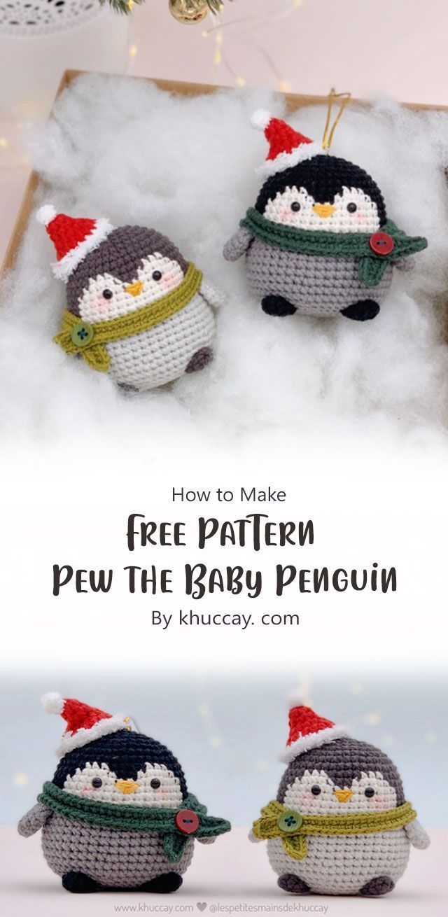 three crocheted penguin ornaments with text overlay that says how to make free pattern pew the baby penguin