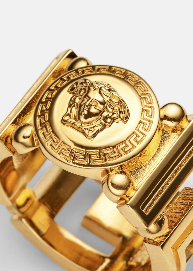 In Versace's signature Greca design, this wide-band ring features the Medusa emblem at the center. All Versace jewelry products are lead and nickel free. All materials are hypoallergenic. Versace Ring, Mens Designer Jewelry, Designers Jewelry Collection, Versace Jewelry, Versace Gold, Rings Jewelry Fashion, Wide Rings, Designer Fashion Jewelry, Wide Band Rings