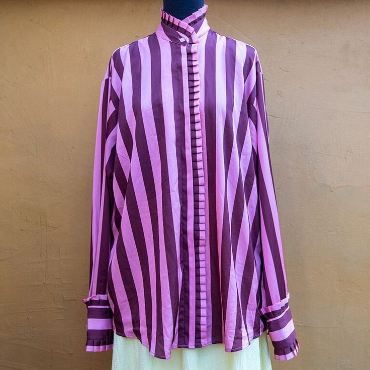 Vintage pink striped oversized blouse in great condition. Brand Karmamia Copengahen Size XL Hidden buttons up closure bust 66 cm = 26 inches length 81 cm = 31.9 inches sleeve 66 cm = 26 inches Spring Long Sleeve Blouse With Vertical Stripes, Striped Oversized Button-up Blouse, Oversized Striped Button-up Blouse, Oversized Button-up Blouse With Vertical Stripes, Oversized Striped Collared Blouse, Oversized Striped Spring Blouse, Oversized Vertical Stripes Blouse For Work, Chic Long Sleeve Blouse With Vertical Stripes, Daywear Striped Blouse With Striped Collar