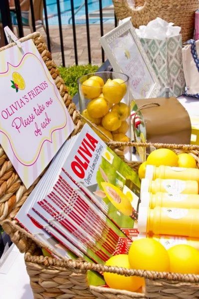 a wicker basket filled with lemons and other items