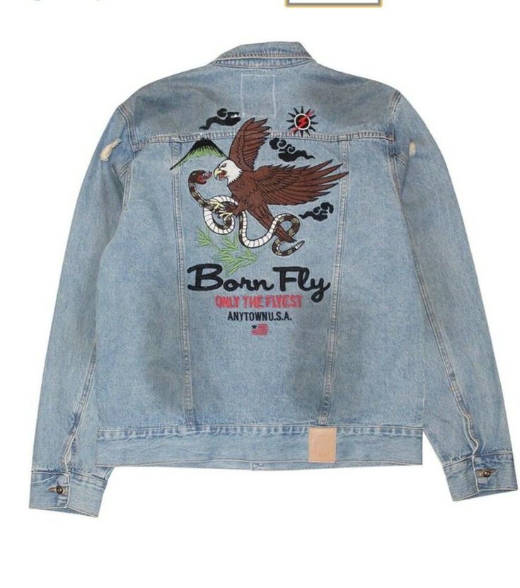 Gadwall denim jacket by Born Fly features emboridery on front and back. Emboridered detail on front and back Distressed detailing worn vintage look. Front check pockets and hand pockets Classic denim jacket with button closure. See pictures Comes as pictured Free shipping to lower contiguous United States Embroidered Cotton Outerwear For Streetwear, Embroidered Denim Outerwear For Streetwear, Embroidered Relaxed Fit Denim Jacket, Long Sleeve Denim Jacket With Graphic Print, Long Sleeve Denim Jacket With Patches, Casual Streetwear Denim Jacket With Embroidered Patch, Cotton Denim Jacket With Graphic Print, Casual Denim Jacket With Embroidered Patch For Streetwear, Casual Denim Outerwear With Embroidered Patch