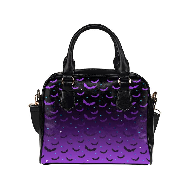 "This super cute black and purple bat print shoulder bag is unique to us and perfect for using as an everyday bag or going out bag.  * Made from high-grade PU leather. * Lined interior features back wall zippered, large capacity. * Double PU leather handles, removable and adjustable fabric shoulder strap. * Single zippered top closure. Dimensions:9.45\"(L) x 3.54\"(W) x 8.27\"(H) These bags are made for me by my Chinese manufacturer and they will be ready in approx 2-3 weeks." Black Satchel Shoulder Bag For Halloween, Black Shoulder Bag Satchel For Halloween, Black Halloween Shoulder Bag Satchel, Black Shoulder Satchel For Halloween, Halloween Black Shoulder Satchel, Black Leather Halloween Bags, Black Tote Shoulder Bag For Halloween, Black Crossbody Bag For Halloween, Gothic Leather Bags For Halloween