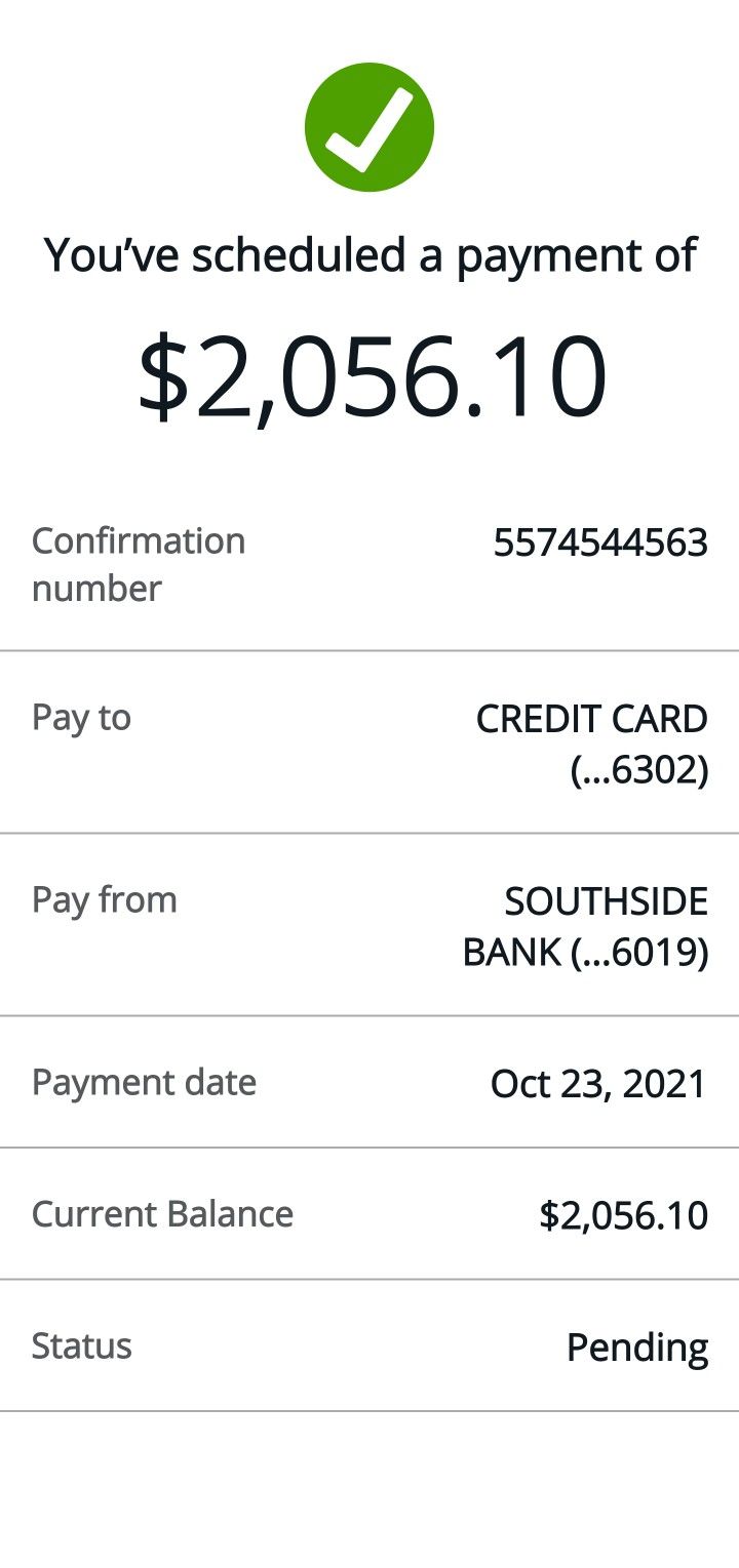 an image of a check card with the text you've scheduled a payment of $ 2, 055 00