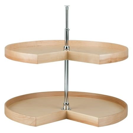 three tiered wooden tray with metal handles on each side and two circular sections at the bottom