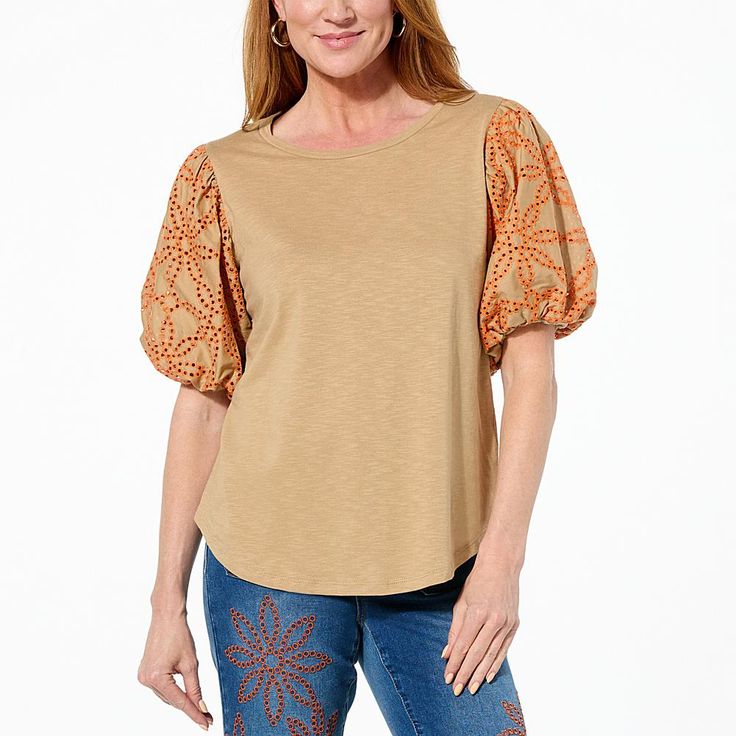 DG2 by Diane Gilman Embroidered Eyelet Puff Sleeve Slub Jersey Knit Tee  Framed by whimsical eyelet puff sleeves, this slub jersey knit tee instantly dresses up any bottom with Boho beauty. Fall Cotton Puff Sleeve Top With Short Sleeves, Cotton Puff Sleeve Top With Short Sleeves For Fall, Cotton Puff Sleeve Top For Fall, Beige Cotton Puff Sleeve Top, Casual Beige Puff Sleeve Top For Fall, Stretch Cotton Puff Sleeve Top With Crew Neck, Spring Top With Embroidered Puff Sleeves, Spring Puff Sleeve Top With Embroidered Sleeves, Embroidered Puff Sleeve Tops For Fall