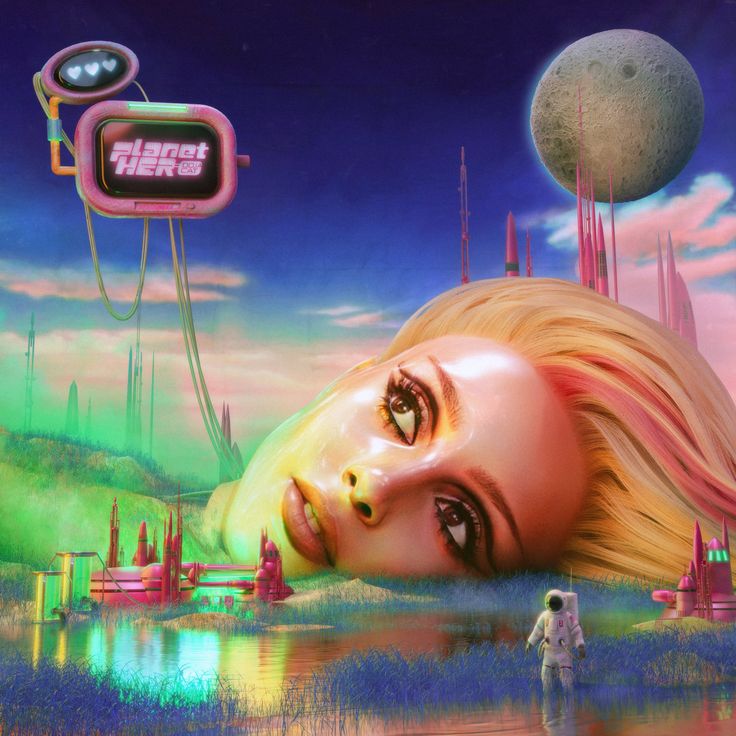 a painting of a woman with her eyes closed in front of a futuristic city and moon