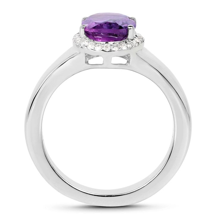 "Amethyst Ring, Amethyst Silver Cocktail Ring, Natural Amethyst Ring for Women, February Birthstone Ring This tasteful halo ring beautifully combines vibrant color and delicate shimmer to stunning effect. An oval-cut African amethyst stone is set on a simple band crafted from .925 sterling silver with rhodium plating. It is surrounded by a halo of 26 round white topaz stones, bringing the total gem weight to 1.73 carats. this tasteful halo ring beautifully combines vibrant color and delicate shi Fine Jewelry Amethyst Ring With Accent Stones For Promise, Amethyst Birthstone Ring With Center Stone For Promise, Amethyst Birthstone Ring With Accent Stones For Promise, Amethyst Crystal Promise Ring With Gemstone, Amethyst Diamond Ring With Gemstone Accents For Promise, Amethyst Diamond Promise Ring With Accent Stones, Promise Amethyst Crystal Ring With Center Stone, Purple Jewelry With Center Stone For Promise, Amethyst Birthstone Promise Ring With Gemstone Accents