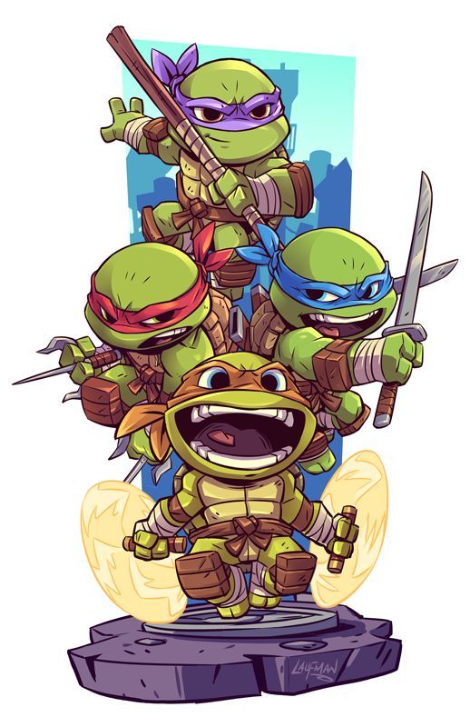 the teenage mutant turtles are standing on top of each other with swords in their hands