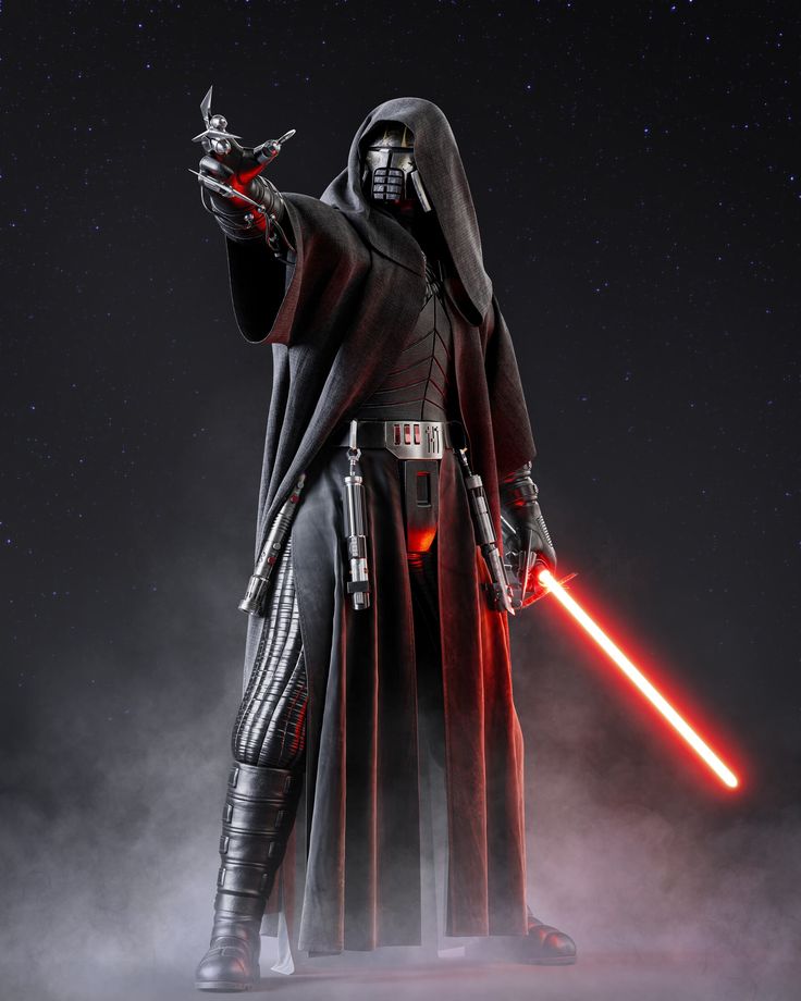 darth vader standing in the dark with his lights on and pointing at something