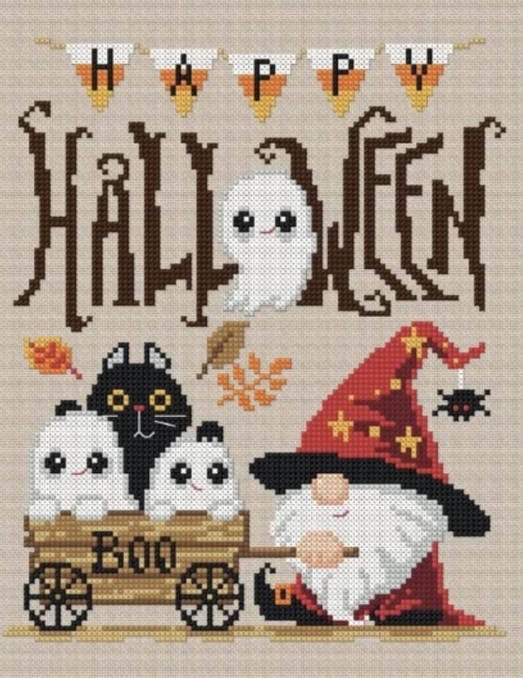 a cross stitch pattern with an image of a witch and two cats on a wagon