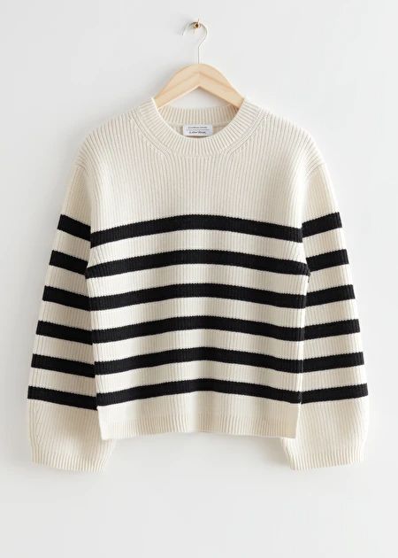 Striped Crewneck Knit Jumper - White/Black Stripes - Sweaters - & Other Stories US Stripe Jumper, Striped Crewneck, Trouser Outfits, Pullover Outfit, Extra Long Sleeves, Crew Clothing, Knitting Women Sweater, Cool Sweaters, Sweaters Knitwear