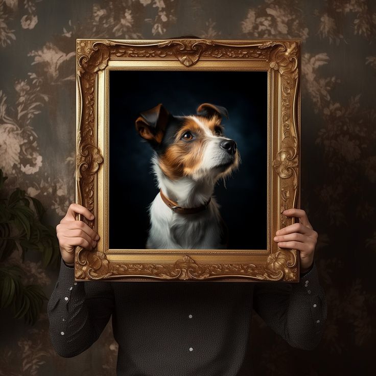 a person holding up a framed photo of a dog