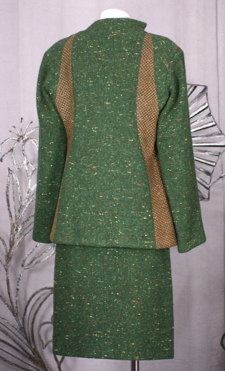 Geoffrey Beene Green Tweed Ensemble 5 Elegant Fitted Green Tweed Dress, Designer Fitted Tweed Jacket For Spring, Fitted Tweed Jacket For Party, Fitted Tweed Party Jacket, Elegant Green Skirt Suit For Fall, Fitted Green Tweed Dress For Fall, Green Fitted Skirt Suit For Formal Occasions, Fitted Green Tweed Jacket For Winter, Green Tweed Dress For Work