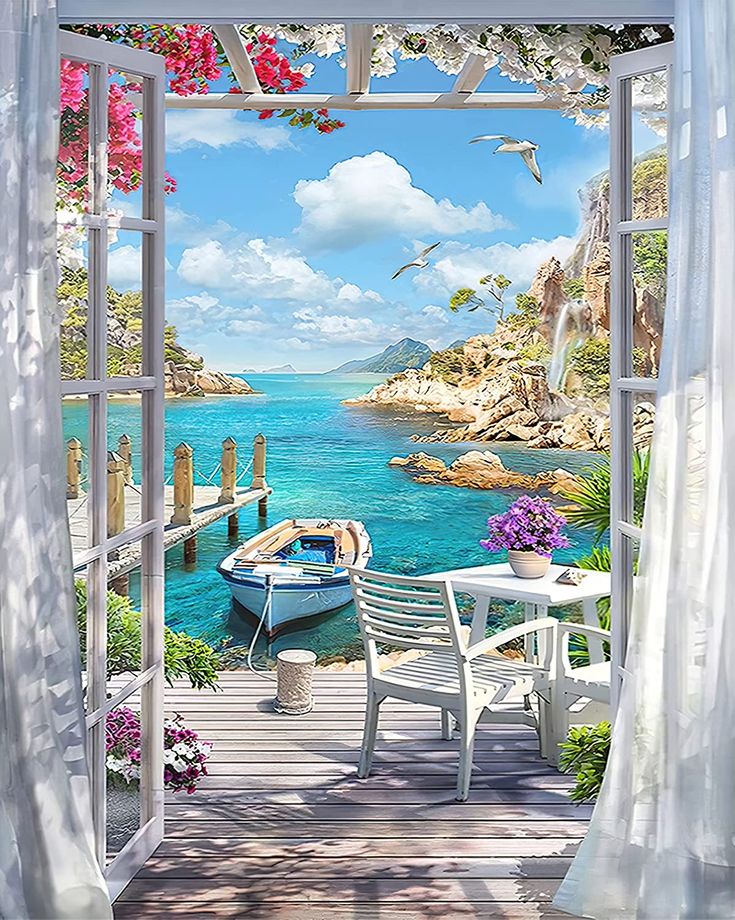 an open window with a boat on the water and flowers in vases next to it