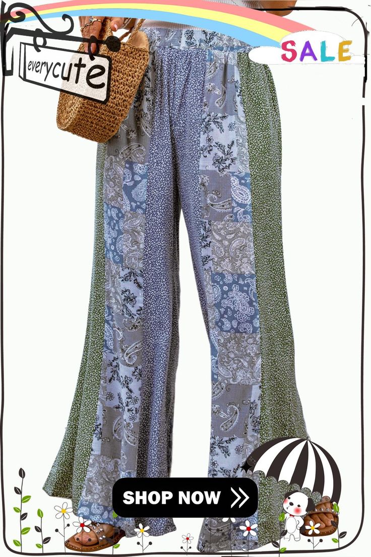 Blue Paisley Mixed Print Wide Leg Pants Bohemian Spring Pants With Paisley Print, Chic Paisley Print Bottoms For Spring, Spring Patterned Bottoms With Paisley Print, Spring Paisley Print Patterned Bottoms, Paisley Print Vacation Bottoms, Paisley Print Long Pants For Vacation, Vacation Paisley Print Long Pants, Patterned Wide Leg Pants With Paisley Print, Spring Paisley Print Trousers