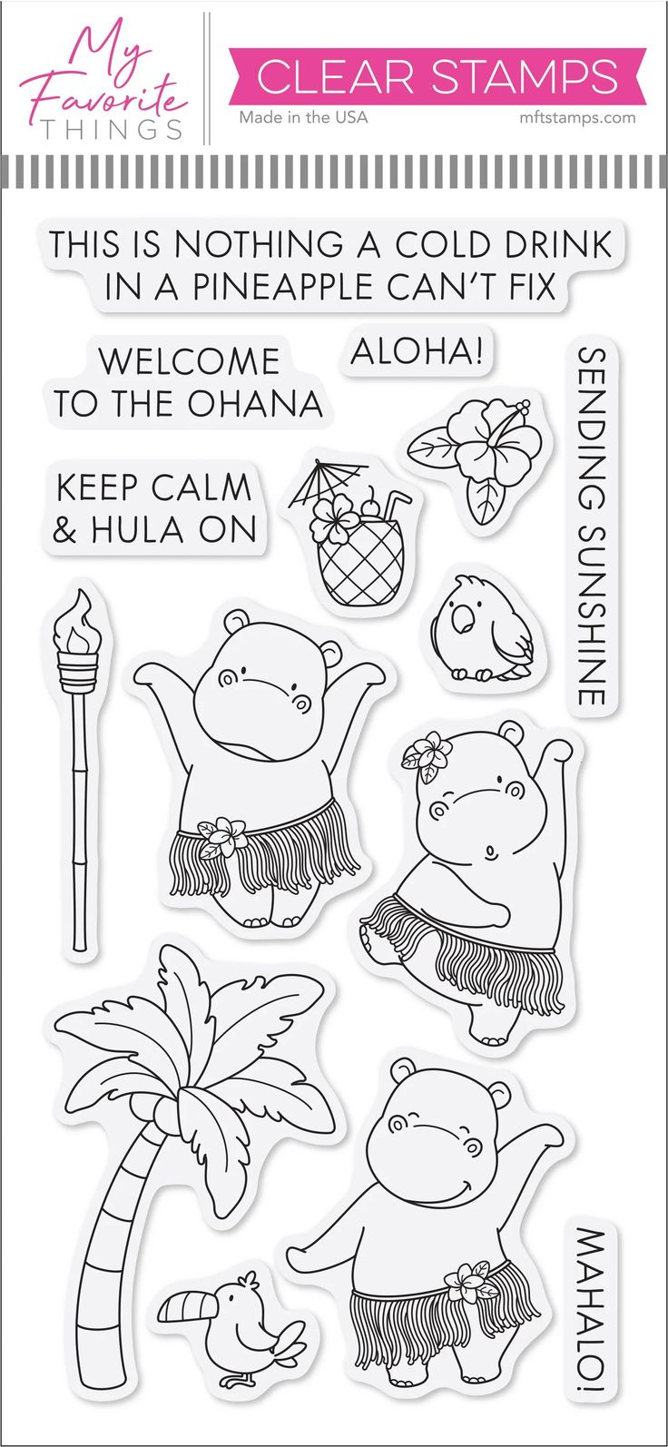 clear stamps featuring cartoon animals and palm trees, with the words clear stamps on it