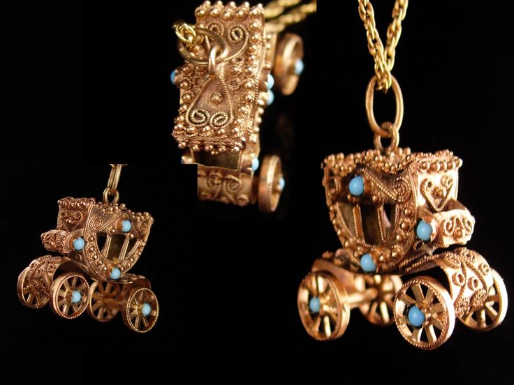 The perfect gift for any bride who dreams of the Cinderella wedding! THis is one of a kind hand made 9kt gold by a jeweler is larger than your average charm. ( sizes are in the photos) . The tiny turquoise stones I think are persian turquoise. THe wheels really turn and it has the most amazing detail. The etruscan work is exquisite! It is an heirloom that will never be forgotten. This would be the most special gift to a loved one. It hangs from a newer gold plate chain. 5-2-20 Luxury Vintage Charm Jewelry For Wedding, Luxury Vintage Charm Wedding Jewelry, Victorian Charm Necklaces For Wedding, Victorian Charm Wedding Necklaces, Antique Charm Necklaces For Wedding, Antique Charms Necklace For Wedding, Antique Charms Necklaces For Wedding, Traditional Wedding Jewelry With Vintage Charm, Ornate 14k Gold Wedding Necklace