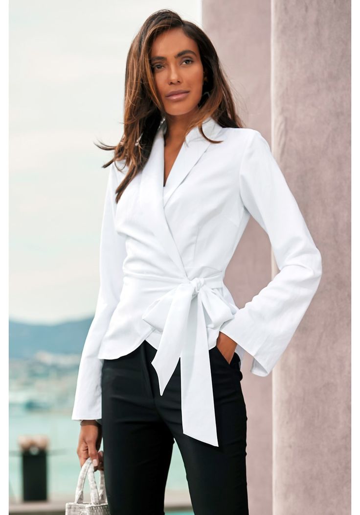 White Lapel Wrap Blouse X34669 | LASCANA Wrap Top Outfit Classy, Wrap Shirt Outfit, Wrap Top Outfit, Scandal Fashion, White Wrap Blouse, Satin Wrap Top, White Wrap Top, Classy Blouses, Bra Fitting Guide