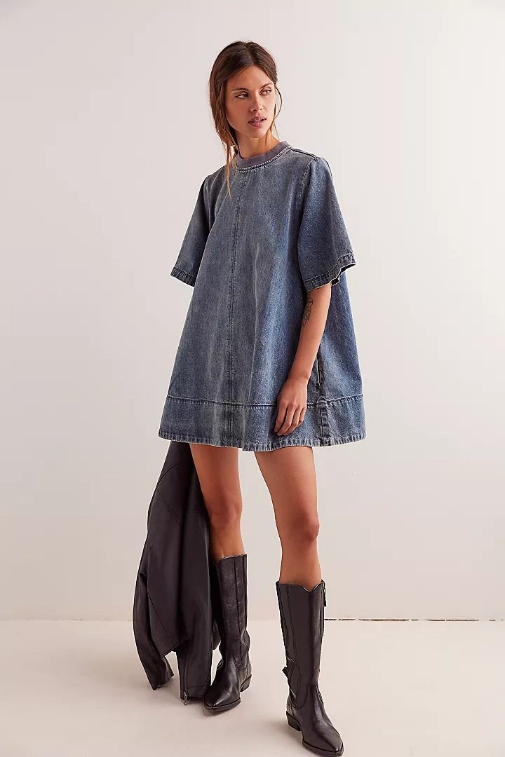 Harlow Mini Dress | Free People Denim Blue Mini Denim Dress With Relaxed Fit, Denim Blue Mini Length Relaxed Fit Denim Dress, Relaxed Fit Mini Length Denim Dress, Denim Blue Relaxed Fit Mini Denim Dress, Casual Washed Blue Denim Dress With Short Sleeves, Relaxed Fit Denim Blue Mini Denim Dress, Casual Washed Blue Short Sleeve Denim Dress, Cotton Denim Dress With Frayed Hem And Short Sleeves, Casual Dresses With Frayed Hem And Short Sleeves