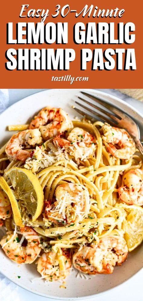 lemon garlic shrimp pasta on a white plate