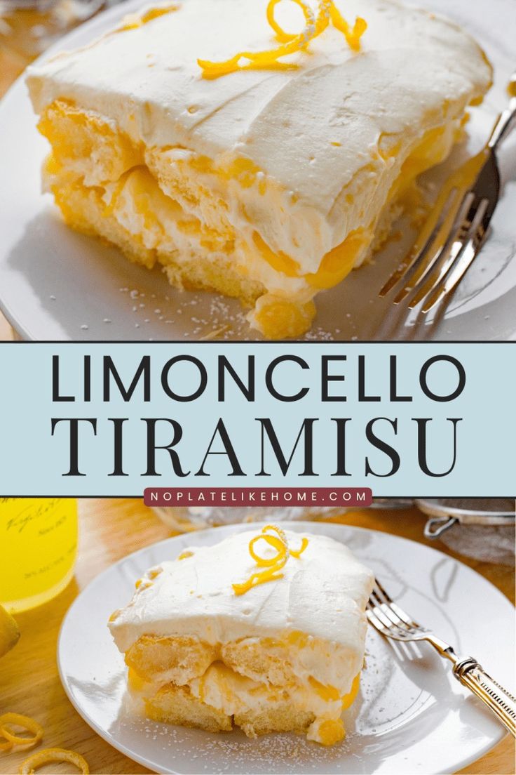 a close up of a piece of cake on a plate with the title limocello tramisu