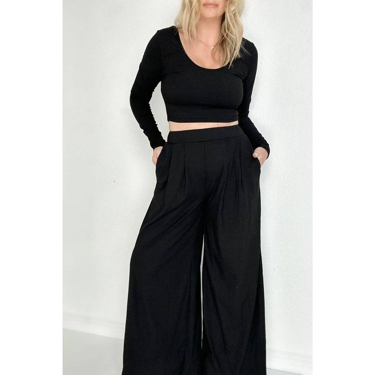 Black Chic Ribbed Crop Top And Wide Leg Pants Set In Black. Perfect For A Date Night! Size L (10-12) Product Measurements (Inch): L: Bust 35.4, Hip 49.6, Sleeve Length 24, Length 16.1, Inseam 30.8, Thigh 31.3, Hem Width 30.3, Waist 30.3, Outseam 41.7 * Color: Black * Style: Sexy * Fit: Fitted Top, Relaxed Bottoms * Pattern Type: Plain * Neckline: Round * Waist Line: High * Sleeve Length: Long Sleeve * Body: Not Lined * Sheer: No * Size Type: Standard * Pants Fit: Baggy * Stretch: Medium Stretch Casual Cropped Black Bottoms, Versatile Cropped Bottoms For Loungewear, Casual Cropped Pants For Night Out, Black Cropped Bottoms For Spring, Cropped Black Bottoms With Pockets, Solid Cropped Bottoms For Night Out, Black Cropped Bottoms With Pockets, Black Cropped Pants For Spring, Cropped Black Pants For Work