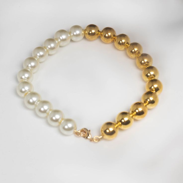 Gold plated bead and pearl bracelet 11 gold plated metal beads 11 glass white pearls Gold filled clasp 8 inches Gold Metal Pearl Bracelet For Party, Gold-tone Metal Jewelry With Round Beads, Elegant Metal Beaded Bracelets With Round Beads, Elegant Metal Beaded Bracelet With Gold Beads, Elegant Metal Beaded Bracelets With Gold Beads, Pearl White Bracelets With 8mm Pearl Beads, Gold Beaded Metal Bracelets, Beaded Metal Pearl Necklace With Round Beads, Gold Pearl Bracelet With 8mm Beads