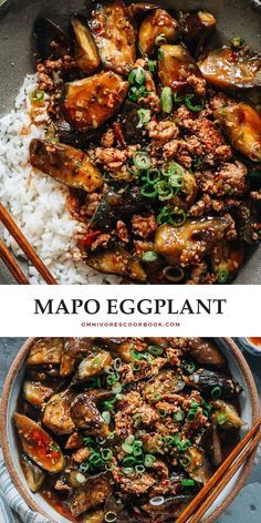 an image of food with chopsticks in it and the title mapo eggplant