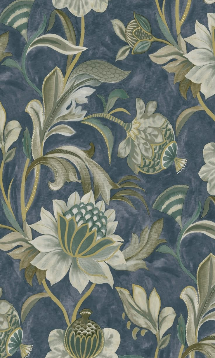 a blue and green floral wallpaper with white flowers on the left hand side,