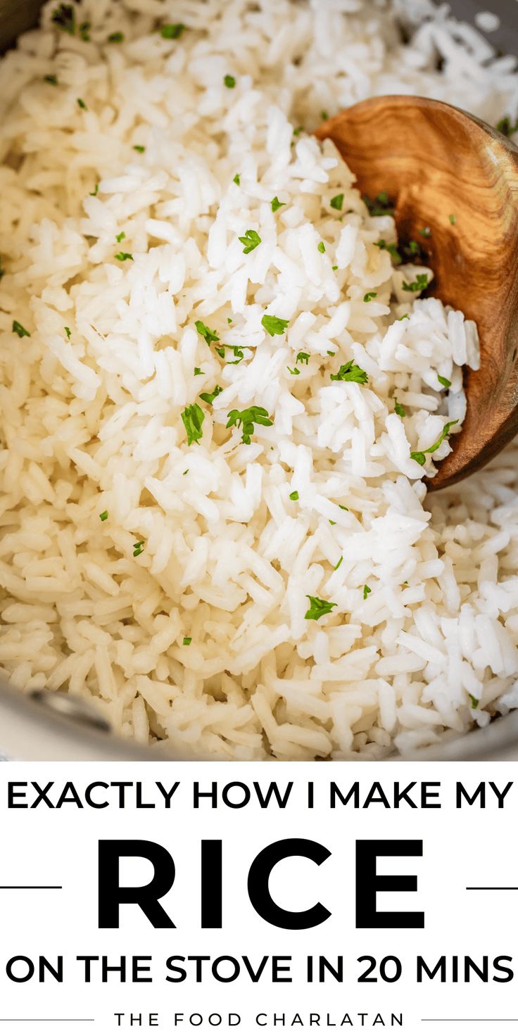 rice is being cooked in a pot with a wooden spoon on it and the words, exactly how i make my rice on the stove in 20 mins