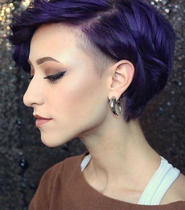 Purple Pixie Cut, Purple Pixie, Undercut Designs, Dark Purple Hair, Asymmetrical Hairstyles, Hair Color Pink, Edgy Hair, Undercut Hairstyles, Short Natural Hair Styles