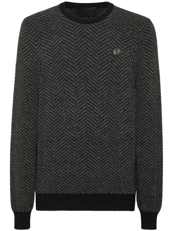 grey merino wool blend long sleeves crew neck logo patch at the chest ribbed cuffs and hem embroidered logo to the rear Jacquard Knit Crew Neck Outerwear, Fall Jacquard Knit Crew Neck Sweatshirt, Gray Jacquard Knit Crew Neck Sweater, Gray Jacquard Knit Long Sleeve Sweater, Luxury Winter Sweatshirt, Classic Gray Sweatshirt With Ribbed Cuffs, Classic Gray Sweater With Ribbed Cuffs, Luxury Crew Neck Sweatshirt For Fall, Luxury Winter Sweatshirt With Ribbed Cuffs