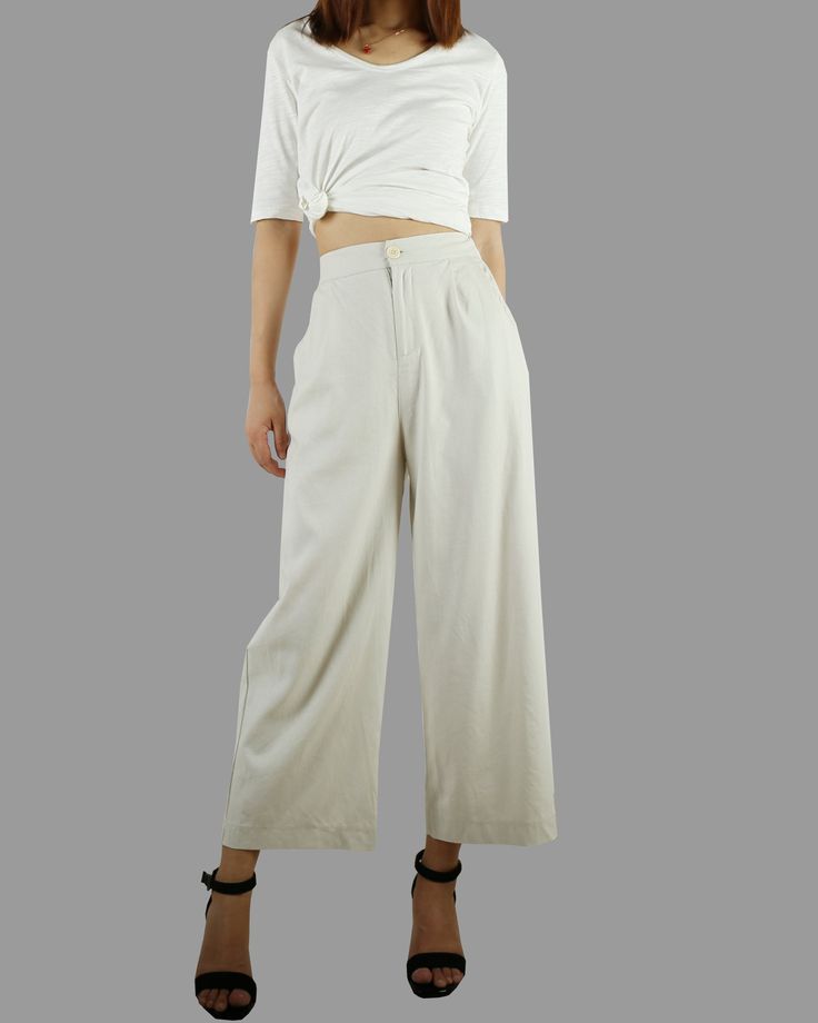 * A wide leg cropped linen pants, with cropped length, two pockets, fixed waist on front and elastic waist on back. * Material: 50% linen, 50% cotton Custom made to fit, lead time is 6-8 days; Let us know your usual size in your country and your overall height. If you have some specific request or special characters such as broad shoulder, long arms, long waist, etc you think we need pay attention to when making, do let me know. * Colors: 1. Beige 2. White 3. Black 4. Khaki 5. Coffee * Shop sizi Casual Cropped Wide Leg Pants With Pockets, Cropped Wide Leg Pants With Pockets, Cropped Wide Leg Pants For Spring, Cotton Wide Leg Pants For Day Out, White Linen Wide Leg Harem Pants, Elegant Cropped Wide Leg Summer Pants, Elegant Cropped Wide Leg Pants For Summer, Elegant Cropped Beige Bottoms, Cotton Wide Leg Harem Pants For Day Out