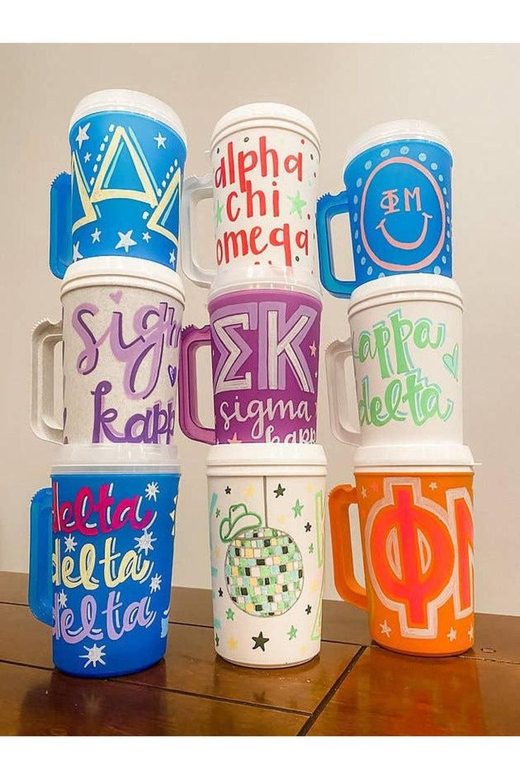 Hand-Painted Sorority Mugs: Phi Mu Designs Sorority Gifts Diy, Sorority Canvas Art, Sorority Baskets, Sorority Coolers, Big/little Baskets, Sorority Cups, Big Little Basket, Greek Gifts, Sorority Canvas