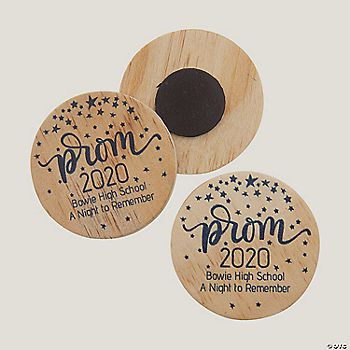 two wooden badges with the words prom and prom written on them