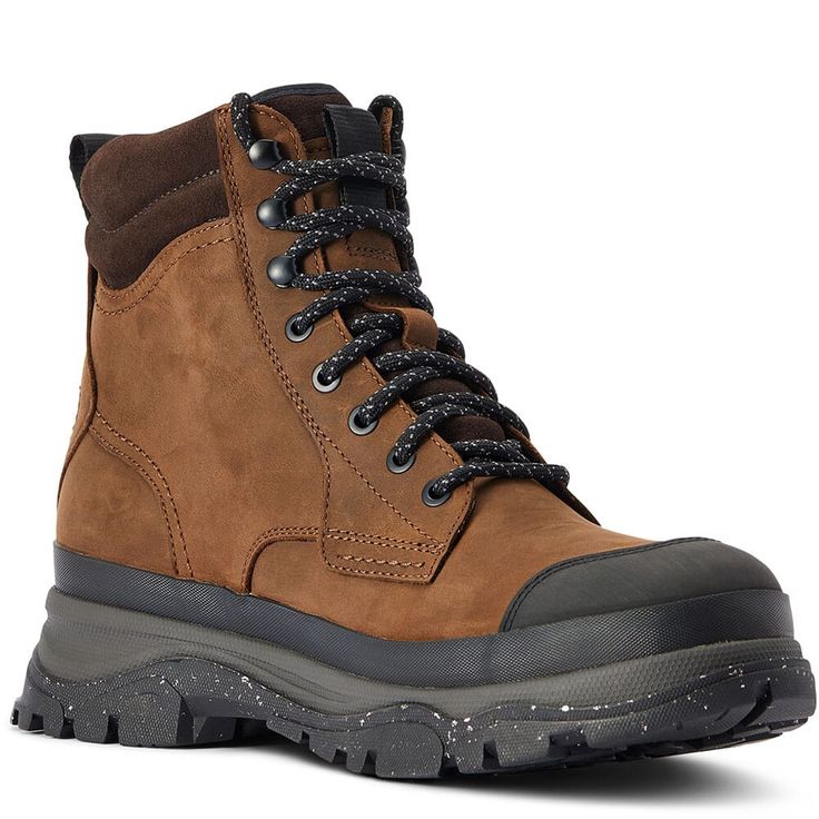 These versatile 10042559 Ariat Men's Moresby WP Work Boots  have a multi-surface traction design and are fully waterproof, these boots are handcrafted to keep your feet supported and dry when traversing through rain, mud, and muck.   Full Grain Leather and Suede Upper Lace-Up Antique Brass Logo Hardware Removable All Day Cushioning Insole Lightweight EVA Midsole for Shock Absorption  Ariat 4LR™ Technology Provides Lightweight Support and Stability Waterproof PRO Construction Keeps You Dry Rugged Durable Moc Toe Boots, Rugged Waterproof Boots With Impact Resistance And Round Toe, Impact Resistant Leather Boots For Outdoor Work, Rugged Steel Toe Work Boots For Walking, Rugged Work Boots With Steel Toe For Walking, Rugged Boots With Reinforced Toe For Outdoor Work, Rugged Hiking Boots With Protective Moc Toe, Durable Leather Ankle Work Boots, Rugged Moc Toe Impact Resistant Boots