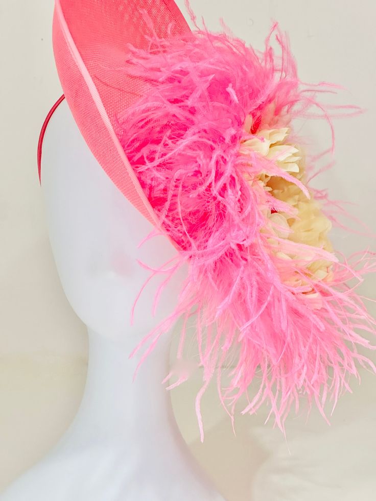 "Pink Coral Flower Feather Kentucky Derby Hat,  Coral Pink Derby Fascinator Hat Headband,  Bright Coral Pink Feather (3 ply Ostrich feather) 12\" Blush Pink Flower on a  30cm Heart Shaped Curved Texture Pink Coral Sinamay Disk Hat on a Headband. Message me if you need customization. Send me photos of your outfit" Summer Races Ostrich Feather Headpiece, Feathered Mini Hats For Royal Ascot Races, Kentucky Derby Headband For Church, Royal Ascot Feathered Mini Hats For Races, Mini Hats With Feathers For Royal Ascot Races, Kentucky Derby Church Costume Headband, Royal Ascot Mini Hats With Feathers, Adjustable Hats For Church Carnival, Church Mini Hat With Feather Trim