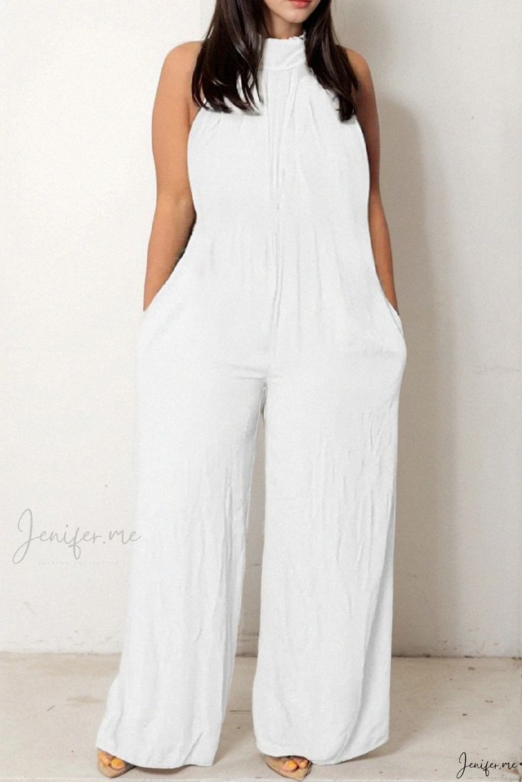 White Stretch Halter Neck Jumpsuits And Rompers, Sleeveless Solid Jumpsuit, Casual Solid Color Halter Neck Jumpsuit, Casual Solid Color Halter Neck Jumpsuits And Rompers, White Fitted Strapless Sleeveless Jumpsuit, White Stretch Strapless Sleeveless Jumpsuit, Sleeveless Cotton Jumpsuits And Rompers In Solid Color, White Strapless Sleeveless Jumpsuit For Spring, Summer Strapless Solid Color Jumpsuit