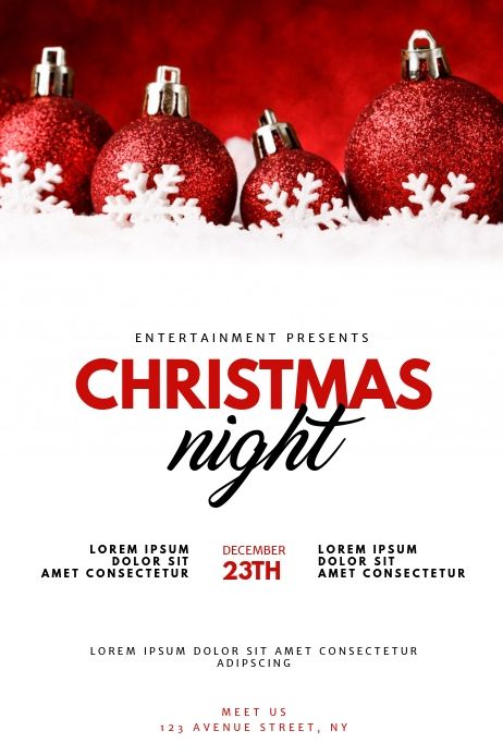 christmas night flyer with red balls and snow