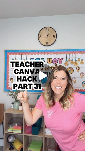 a woman holding up a sign that says teacher canva hack part 3 in front of her