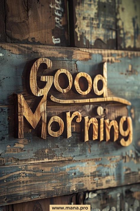 the words good morning are carved into wooden letters on a wall in an old building