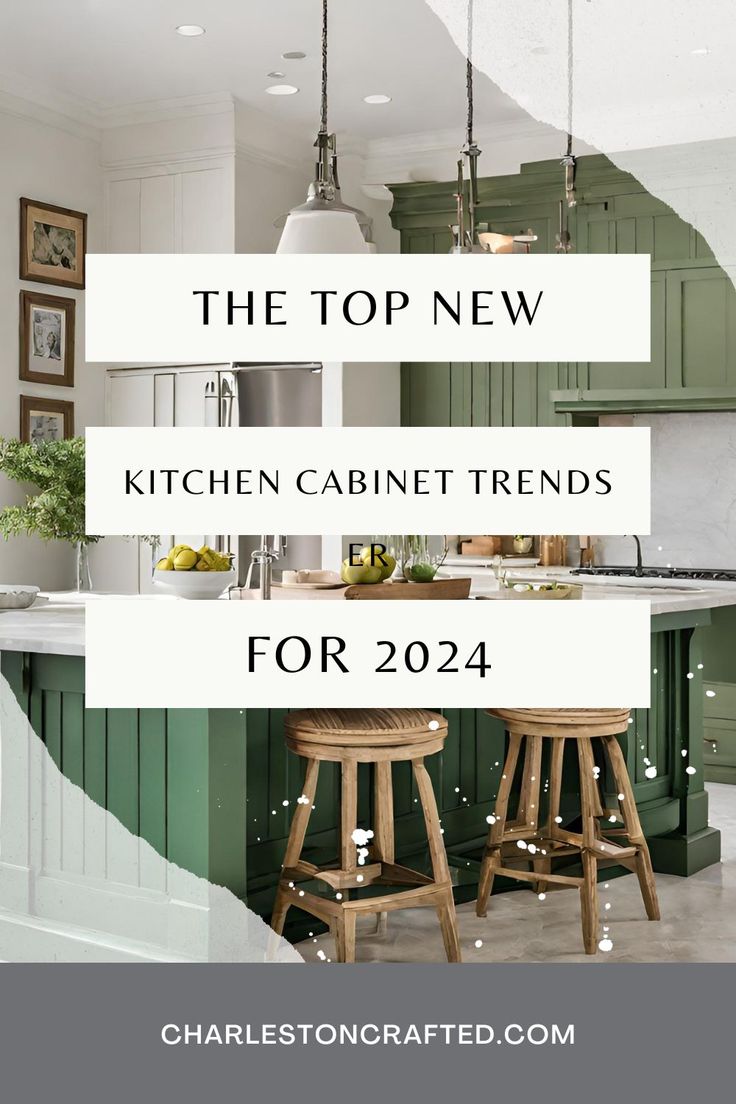 the top new kitchen cabinet trend for 2021 is green cabinets and white countertops with wooden stools